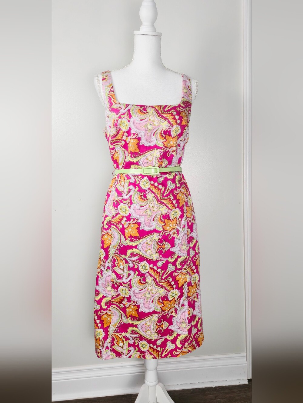 Lauren Ralph Mod Style Pink, Yellow & Green Paisley Midi Dress